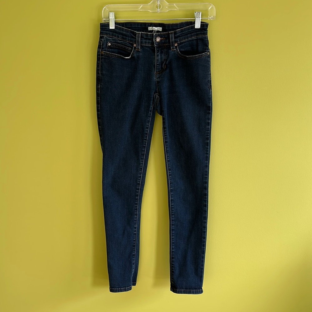 Eileen Fisher stretch dark denim jeans.